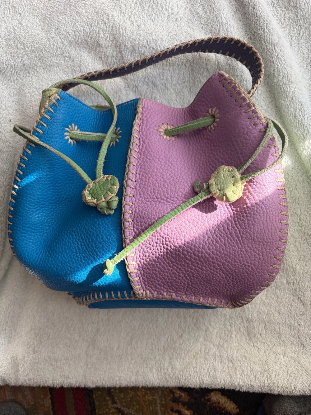 Vintage Carlos Falchi Blue and Pink Leather Drawstring Crossbody